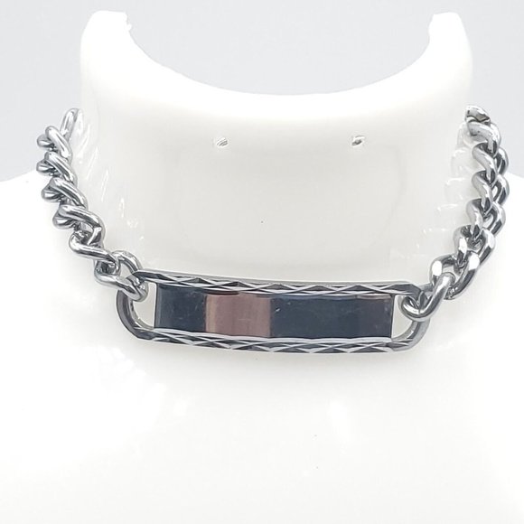 Stainless Steel Link Chain Bracelet Mens Silver Toned ID Panel 7.50 in. Length - Picture 3 of 9